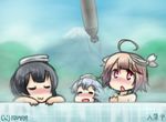  agano_(kantai_collection) bathhouse bathing black_hair blush commentary_request dated hair_ornament hamu_koutarou i-58_(kantai_collection) kantai_collection multiple_girls nude pink_hair torpedo towel towel_on_head translated white_hair yamagumo_(kantai_collection) 