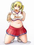  bare_shoulders belly blonde_hair blush breasts cheerleader commentary_request crop_top doughnut food headphones highres large_breasts looking_at_viewer midriff miniskirt mouth_hold navel nitroplus plump shigekikkusu short_hair skirt sleeveless solo super_pochaco twintails 