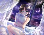  bangs bare_shoulders black_hair blush bridge crescent_moon curtains eyebrows_visible_through_hair frilled_pillow frills green_eyes hair_ornament hair_scrunchie head_tilt indoors lace_trim lipstick long_hair looking_at_viewer makeup mikami_mika moon night night_sky original pillow pillow_hug pink_lips scrunchie shiny shiny_hair shiny_skin sitting sky smile solo star strap_slip thigh_strap translucent twintails window wristband 