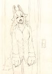  animal_ears baphomet_(monster_girl_encyclopedia) casual dress_shirt goat_horns horns monochrome monorus monster_girl_encyclopedia one_eye_closed open_mouth paws shirt sketch sleepy solo tail traditional_media yawning 