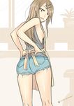  absurdres apron ass bare_shoulders breasts brown_eyes cutoffs dagashi_kashi denim denim_shorts earrings endou_saya fang from_behind geminiboar hair_ornament hairclip highres jewelry kneepits legs long_hair looking_back open_mouth short_shorts shorts sideboob small_breasts smile solo tank_top torn_clothes torn_shorts twitter_username 