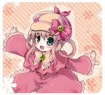  :d blue_eyes blush bow cowboy_shot dress floral_print frilled_sleeves frills hair_between_eyes hair_rings hat kosori_(dennoukitan) long_hair looking_at_viewer open_mouth outstretched_arms pink_background pink_bow pink_dress rounded_corners sherlock_shellingford sidelocks smile solo striped striped_background tantei_opera_milky_holmes wide_sleeves 