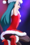  arm_up armpits black_legwear blue_eyes blue_hair go!_princess_precure haruyama_kazunori hat kaidou_minami long_hair open_mouth pantyhose precure santa_hat solo squatting 