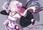  ayakura_juu closed_eyes dress grey_background headset hood hoodie open_mouth purple_hair short_hair_with_long_locks smile solo vocaloid voiceroid yuzuki_yukari 