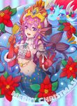  against_glass antlers bell blush_stickers brooch christmas claws dated detached_sleeves dragon flower gloves hair_ornament hat head_fins highres jewelry long_hair mermaid merry_christmas monster_girl mst1ng_(mauralau) navel open_mouth purple_eyes purple_hair puzzle_&amp;_dragons red_gloves santa_hat siren_(p&amp;d) snow_globe snow_globe_dragon_bleu star star_hair_ornament sun_(symbol) tiara 