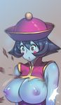  :o bad_id bad_pixiv_id bare_shoulders black_eyes black_hair blue_skin blush_stickers breasts chinese_clothes chromatic_aberration flipped_hair grey_background hair_between_eyes harabacho_(gkfkqkch1) hat jiangshi large_breasts lei_lei lips motion_blur nipples parted_lips short_hair simple_background solo torn_clothes upper_body vampire_(game) wardrobe_malfunction 