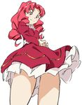  akagi_towa ass_visible_through_thighs blush crossed_arms drill_hair go!_princess_precure looking_down precure puffy_sleeves red_eyes red_hair simple_background skirt smile solo umanosuke white_background 