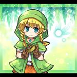  belt blonde_hair blue_eyes braid brown_gloves brown_skirt cloak compass fairy gloves green_background hood jewelry leaf leaf_background letterboxed linkle navi necklace pointy_ears pote_(ptkan) short_sleeves skirt smile the_legend_of_zelda twin_braids upper_body 