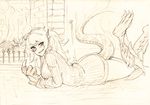  beckoning claws fiery_tail head_fins legs_up lizard_tail long_hair looking_at_viewer lying monochrome monorus monster_girl monster_girl_encyclopedia on_stomach paws salamander_(monster_girl_encyclopedia) scales sketch slit_pupils smile solo sweater tail traditional_media 