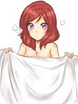  absurdres blush breasts cleavage covering highres kaya_(yoshina9) looking_at_viewer love_live! love_live!_school_idol_project medium_breasts nishikino_maki nude_cover purple_eyes red_hair short_hair simple_background solo steam towel wet white_background 