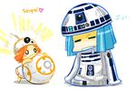  1boy 1girl =_= ball bb-8 blue_hair blush_stickers chibi dress drooling gapangman heart md5_mismatch o_o orange_hair parody personification r2-d2 romaji saliva science_fiction senpai_(phrase) sleeping spoilers star_wars star_wars:_the_force_awakens zzz 