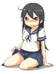  ahoge black_hair blush commentary_request ito_(itokayu) kantai_collection long_hair looking_at_viewer open_mouth school_uniform serafuku sitting skirt skirt_lift solo tears ushio_(kantai_collection) wavy_mouth 