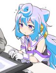  blue_hair commentary_request flying_sweatdrops gloves hacka_doll hacka_doll_3 long_hair multiple_boys otoko_no_ko purple_eyes simple_background solo_focus white_background white_gloves youkan 