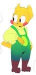 anthro avian beak blush boots clothing feathers footwear male open_mouth overalls solo standing sunibee yellow_feathers 
