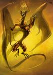  ambiguous_gender anthro armor claws dragon feral glowing glowing_eyes hi_res horn long_tail magic_the_gathering nicol_bolas outside planeswalker scalie spread_wings warm_colors wings yellow_theme 