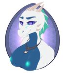  2015 anthro bioluminescence blue_scales breasts bust_portrait collarbone digital_media_(artwork) dragon facial_markings female glowing here-kitty--kitty horn jewelry laila_myrhe looking_at_viewer markings necklace nipples purple_sclera scales scalie slit_pupils solo spikes spines white_scales wyvern 