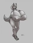  anthro barefoot big_breasts breasts canine clothed clothing collar dog female german_shepherd hand_on_breast hi_res huge_breasts hyper hyper_breasts jeans mammal monochrome nipple_bulge rosie shirt sketch smile solo tank_top thick_thighs vant_talon wide_hips 