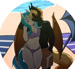  2015 anthro avante92 bat_pony bat_wings beach bikini blonde_hair braided_hair breasts cleavage clothed clothing duo equine fan_character female hair horn hug male male/female mammal membranous_wings my_little_pony seaside shorts swimsuit unicorn wings 