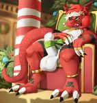  amulet anthro balls blitzdrachin candy candy_cane christmas claws digimon digitigrade dragon erection felix_the_guilmon food guilmon hat hi_res holidays humanoid_penis long_tail male muscular naughty_face overweight partially_retracted_foreskin penis penis_bow santa_hat scalie slightly_chubby solo uncut 
