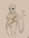  2015 avian beak bird bottomless breasts clothed clothing cum cum_on_breasts female half-dressed hi_res nyar owl sketch solo sweater wings 