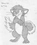  absurd_res annoyed cat crossed_arms cute_fangs digitigrade english_text featureless_crotch feline fluffy_tail front_view greyscale grumpy hi_res male mammal mizzyam monochrome nude pencil_(artwork) semi-anthro sethos_cat solo standing text traditional_media_(artwork) whiskers 