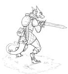  ambiguous_gender angry anthro armor bow claws clothed clothing digitigrade eyelashes guoh kobold looking_back melee_weapon monochrome ribbons sharp_teeth shield solo sword teeth weapon 