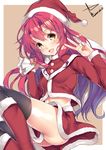  2015 :d ass black_legwear blush boots copyright_request dated fur-trimmed_boots fur_boots fur_trim hat holding knee_boots long_hair long_sleeves midriff multicolored_hair number open_mouth outside_border purple_hair red_footwear red_hair sack santa_boots santa_costume santa_hat shirt signature skirt smile solo thighhighs v very_long_hair yappen yellow_eyes 