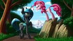  2015 blue_eyes changeling cloud cutie_mark detailed_background duo earth_pony equine female feral friendship_is_magic grass hair hi_res horn horse landscape mammal mountain my_little_pony nature outside pink_hair pinkie_pie_(mlp) pony queen_chrysalis_(mlp) rock scenery sky tree wings zigword 