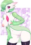  artist_name ass_visible_through_thighs babydoll bottomless breasts cheezayballz cowboy_shot eyelashes gardevoir gen_3_pokemon green_hair hair_over_one_eye hand_on_breast hand_on_own_thigh highres hips leaning_forward lips looking_at_viewer medium_breasts navel nipples parted_lips pokemon pokemon_(creature) pussy red_eyes see-through skindentation solo standing thighhighs 
