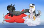  aircraft airplane black_fur black_hair brown_fur canine cloud cute duo feral fur grey_fur grumpy hair half-closed_eyes male mammal multicolored_fur neck_tuft outside sitting smile spots tongue tongue_out tuft white_fur wing-of-chaos wolf 