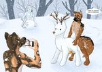  anthro antlers balls black_fur black_nose blush brown_eyes brown_fur camera canine carrot cervine deer dialogue dog english_text food fur green_eyes group horn male mammal nanashithedog_(artist) nude outside penis snow snowing snowman speech_bubble text tree vegetable white_fur wolf 