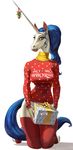  2015 blue_hair christmas_sweater clothing dick_in_a_box dickgirl equine fur gift gwen_(zaggatar) hair hi_res horn horse intersex kneeling legwear long_horn long_neck looking_at_viewer mammal mistletoe nail_polish pink_lips plant purple_eyes red_shirt scarf sitting snowman stockings tight_shirt unicorn white_fur wordplay zaggatar 