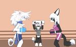  anthro bottomless boxing_gloves clothed clothing digital_media_(artwork) feline front_view half-dressed kay_(whiteleo) leo_(whiteleo) lion mammal mane nipples scarf shorts side_view sign whiteleo young 