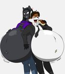  americananomaly_(artist) anthro belly big_belly big_breasts breasts canine cat clothed clothing duo english_text feline female food fox fur hair hi_res hyper hyper_belly long_hair male mammal navel open_mouth overweight simple_background smile teeth text tongue white_background 