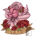  banner casynuf cheek_tuft ears_back english_text eyes_closed feline flower fur headshot_portrait hi_res lion male mammal pink_ears pink_fur pink_nose plant portrait rose side_view simple_background solo text tuft whiskers white_background white_mane 