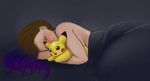  2015 ajna bed brown_hair female hair human lying mammal nintendo not_furry nude on_side pikachu plushie pok&eacute;mon sleeping solo video_games 