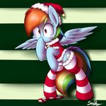  2015 absurd_res blush candy candy_cane christmas clothing cutie_mark equine feathered_wings feathers female feral food friendship_is_magic hair hat hi_res holidays legwear mammal multicolored_hair my_little_pony pegasus rainbow_dash_(mlp) rainbow_hair rainbow_tail santa_hat sheandog solo spread_wings surprise thigh_highs wings 