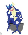 amphibian anthro anthrofied athletic balls erection foreshortening frog front_view greninja hi_res humanoid_penis leaning_on_elbow male nintendo nude open_mouth partially_retracted_foreskin penis pok&eacute;mon reaching_towards_viewer seyrmo sitting solo uncut video_games webbed_feet webbed_hands 