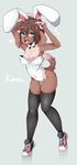  2015 anthro black_nose blue_eyes blush breasts brown_fur brown_hair bunny_costume canine clothed clothing coffeechicken cute dog female footwear fur hair hi_res kess mammal nipples open_mouth shoes short_hair simple_background small_breasts smile solo standing 