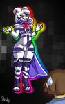  2015 absurd_res ambiguous_gender anthro asriel_dreemurr balls boots boss_monster cape caprine clothed clothing digital_media_(artwork) drako1997 duo erection floating footwear fur girly goat hair half-dressed hi_res high_heels horn human long_ears male mammal monster navel nude open_mouth penis precum protagonist_(undertale) smile tattoo undertale video_games white_eyes white_fur young 
