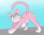  2015 anthro ass_up blue_eyes breasts butt cat feline female fur mammal nude paoguu pink_fur shima_luan simple_background smile solo super_planet_dolan 