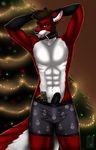  abs anthro black_penis brown_fur brown_hair bulge candy candy_cane canine christmas christmas_tree clothed clothing ear_piercing erection eyebrow_piercing facial_piercing fangs food fox fur genital_piercing hair half-closed_eyes half-dressed hand_on_head hi_res holidays inner_ear_fluff lip_piercing little-munster looking_at_viewer male mammal navel penis penis_piercing piercing smile solo teeth topless tree 