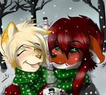 ashamed black_nose blonde_hair blush brown_nose canine clothing cute dhole dog female freckles fur ghost ginger green_eyes hair kiyun mammal orange_fur outside red_fur red_hair scarf shy snow snowman spirit sweater theredghost tree winter wolf 