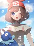  1girl ;d absurdres bangs beanie blue_eyes blurry blush brown_hair cloud commentary day eyelashes floral_print hat highres kurumiya_(krmy_p) looking_at_viewer medium_hair one_eye_closed open_mouth outdoors pokemon pokemon_(creature) pokemon_(game) pokemon_sm popplio red_headwear selene_(pokemon) shirt short_sleeves signature sky smile t-shirt teeth tongue upper_teeth 