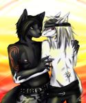  anthro beanie canine clothed clothing duo ear_piercing facial_piercing fish fur grey_fur half-closed_eyes half-dressed hat male male/male mammal marine nipples nose_piercing piercing shark smile standing topless white_skin wing-of-chaos wolf 