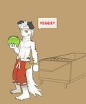  abs anthro athletic barefoot cabbage canine cart clothing dalmatian dialogue dog headband hi_res kinta_(whiteleo) looking_at_viewer male mammal merchant mucles navel nipples pants pecs pouch solo whiteleo 