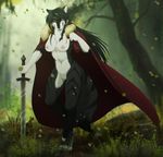  black_hair breasts canine cape clothing digitigrade female hair hi_res inkrend inkrend_(character) looking_at_viewer mammal melee_weapon nipples pussy solo sword weapon wolf 