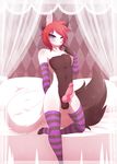  anthro arm_warmers balls bed bedroom black_fur blue_eyes blush canine clothed clothing fox fur girly hair hi_res inner_ear_fluff legwear leo_(lipton) looking_at_viewer male mammal multicolored_fur navel nude penis piercing pillow pink_nose re-sublimity-kun red_hair short_hair signature socks solo striped_legwear stripes two_tone_fur white_fur 