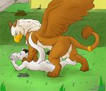  2015 anthro anthro_on_feral arthur_the_gryphon avian balls bestiality blue_eyes book brown_eyes butt dialogue diamondwing digital_drawing_(artwork) digital_media_(artwork) dragon duo english_text eye_contact feral forced garden grin gryphon hi_res imminent_rape katai lying male male/male nude on_front outside penis reading sketch text wings 