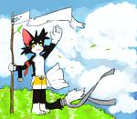  anthro barefoot cat clothed clothing cloudscape eyewear feline flag goggles half-dressed hi_res kay_(whiteleo) looking_at_viewer mammal shorts sky solo standing topless waving whiskers whiteleo wind 
